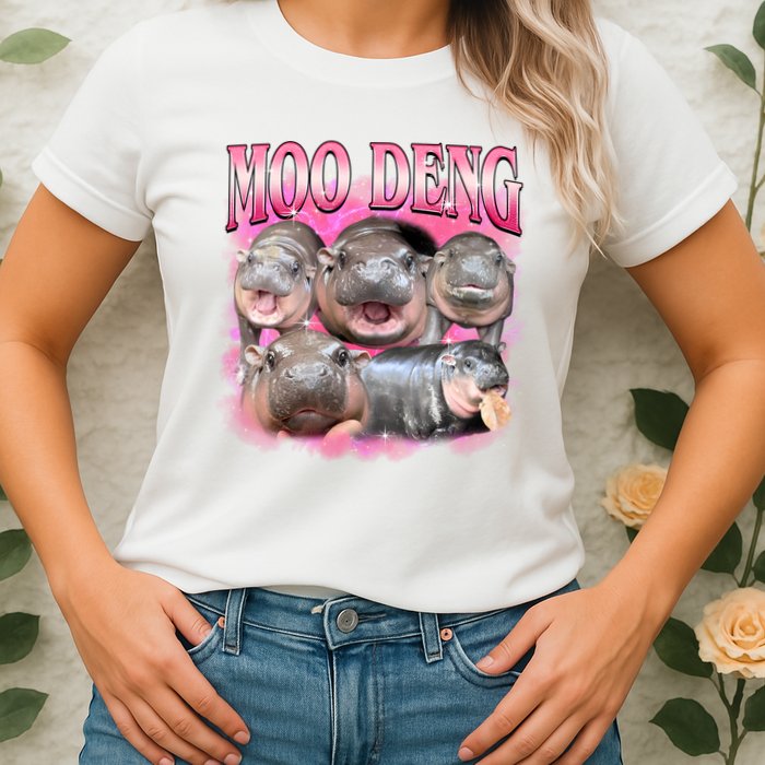 Pink Moo Deng Meme Hippo Funny Womens T-Shirt