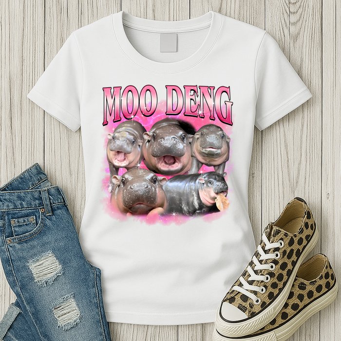 Pink Moo Deng Meme Hippo Funny Womens T-Shirt