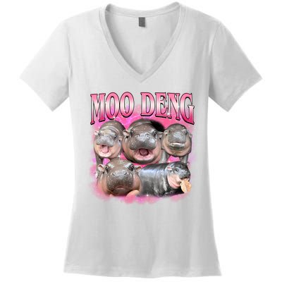Pink Moo Deng Meme Hippo Funny Women's V-Neck T-Shirt