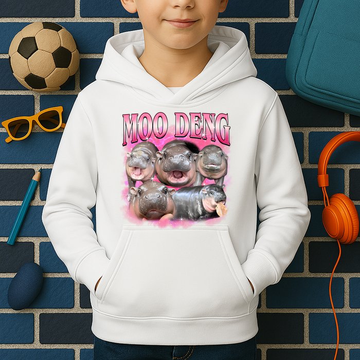 Pink Moo Deng Meme Hippo Funny Kids Hoodie
