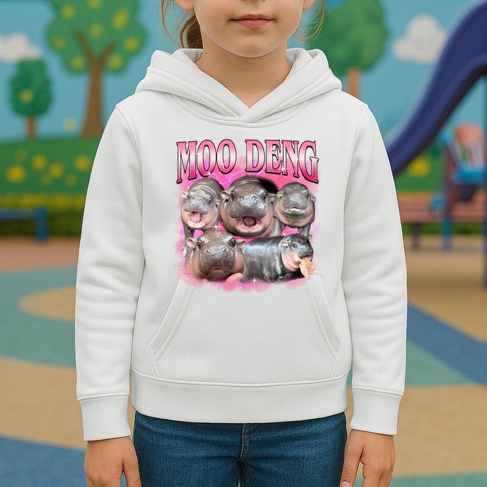 Pink Moo Deng Meme Hippo Funny Kids Hoodie