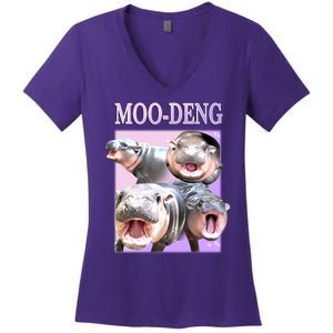 Purple Moo Deng Meme Hippo Funny Women's V-Neck T-Shirt