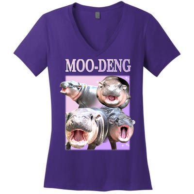 Purple Moo Deng Meme Hippo Funny Women's V-Neck T-Shirt