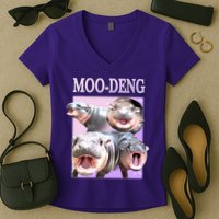 Purple Moo Deng Meme Hippo Funny Women's V-Neck T-Shirt
