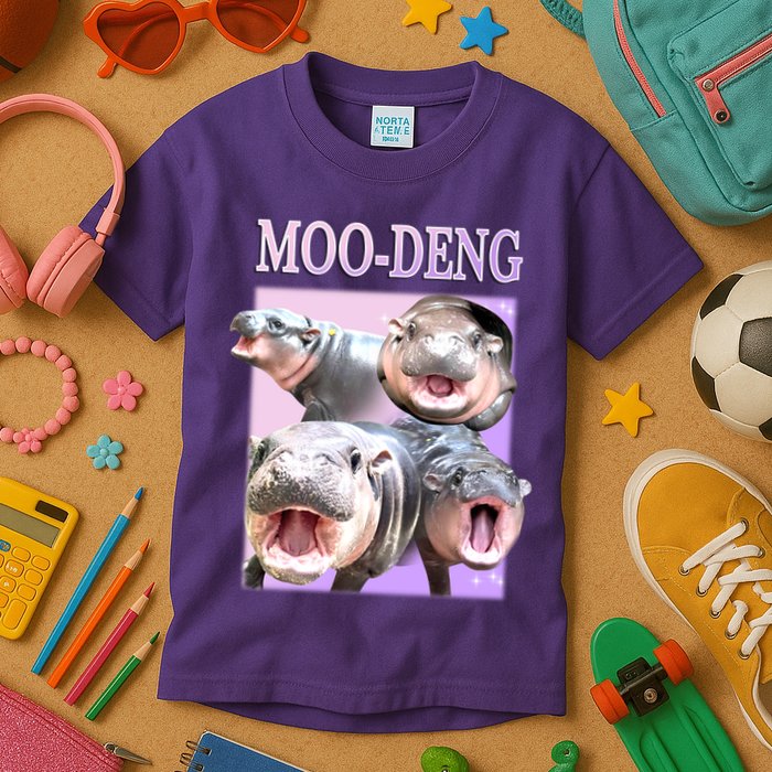 Purple Moo Deng Meme Hippo Funny Kids T-Shirt