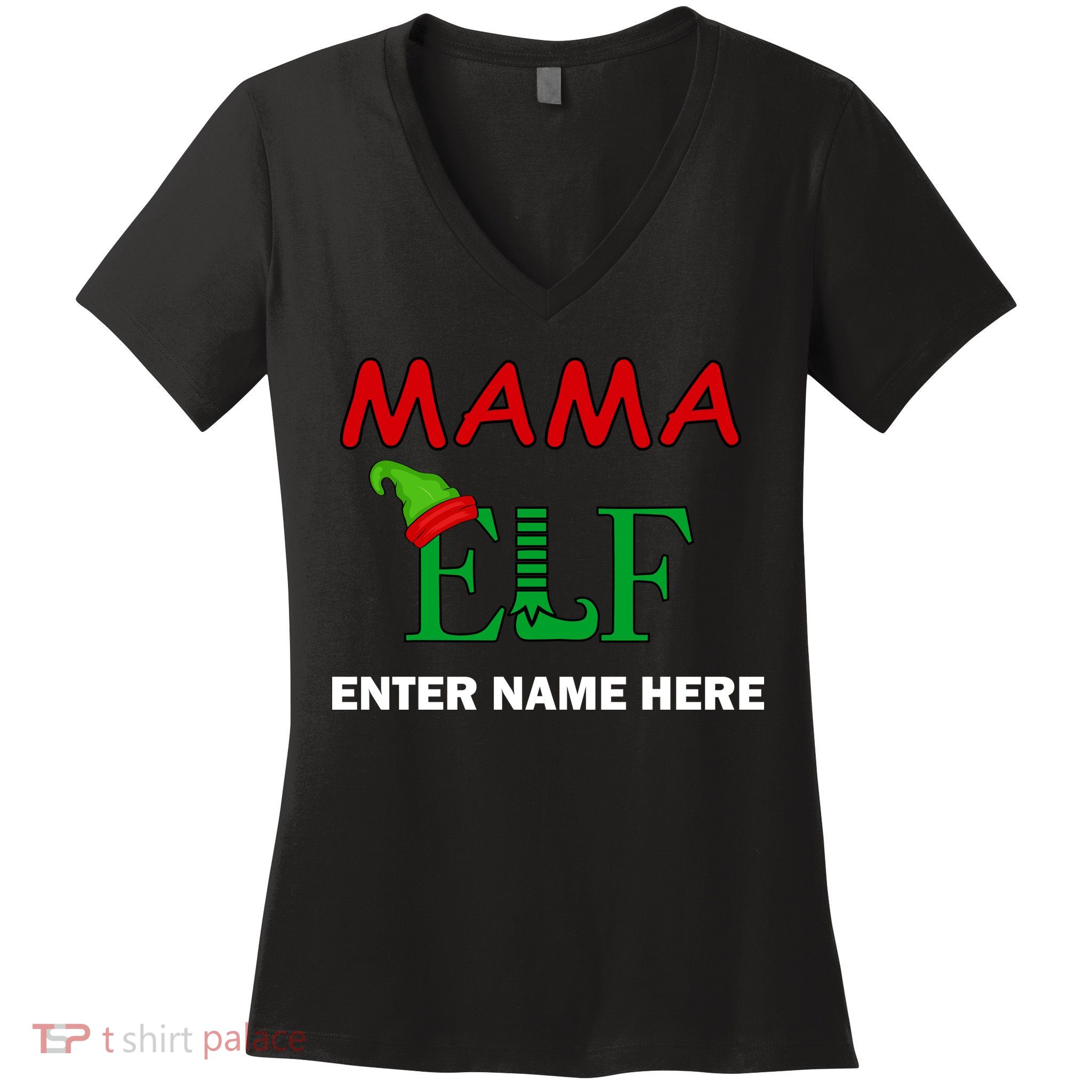 Personalize Mama Elf Custom Family Matching Christmas Women's V-Neck T-Shirt