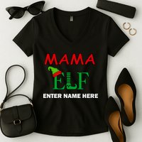 Personalize Mama Elf Custom Family Matching Christmas Women's V-Neck T-Shirt