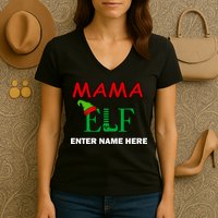 Personalize Mama Elf Custom Family Matching Christmas Women's V-Neck T-Shirt