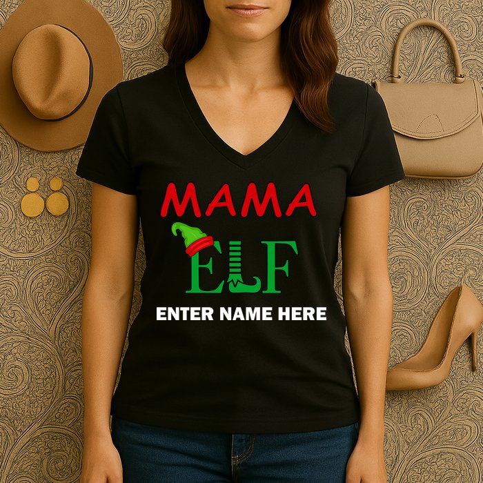 Personalize Mama Elf Custom Family Matching Christmas Women's V-Neck T-Shirt