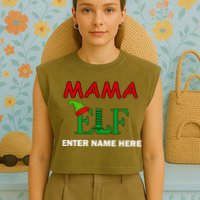 Personalize Mama Elf Custom Family Matching Christmas Garment-Dyed Women's Muscle Tee