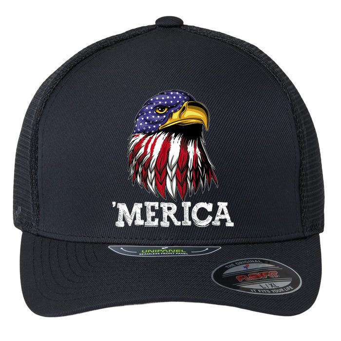 Patriotic Merica Eagle USA Flag Sunglusses 4th Of July Flexfit Unipanel Trucker Cap