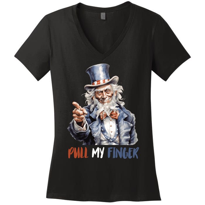 Pull My Finger Uncle Sam 4th Of July Funny Women's V-Neck T-Shirt