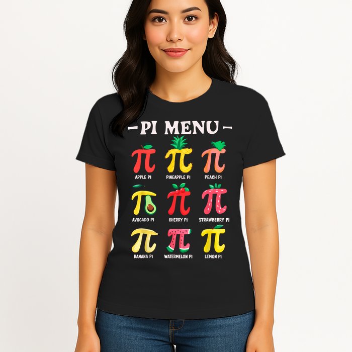 Pie Menu Funny Pi Day Pi 3.14 Math Teacher PI Symbol Pie Pun Womens T-Shirt