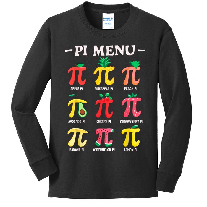 Pie Menu Funny Pi Day Pi 3.14 Math Teacher PI Symbol Pie Pun Kids Long Sleeve Shirt