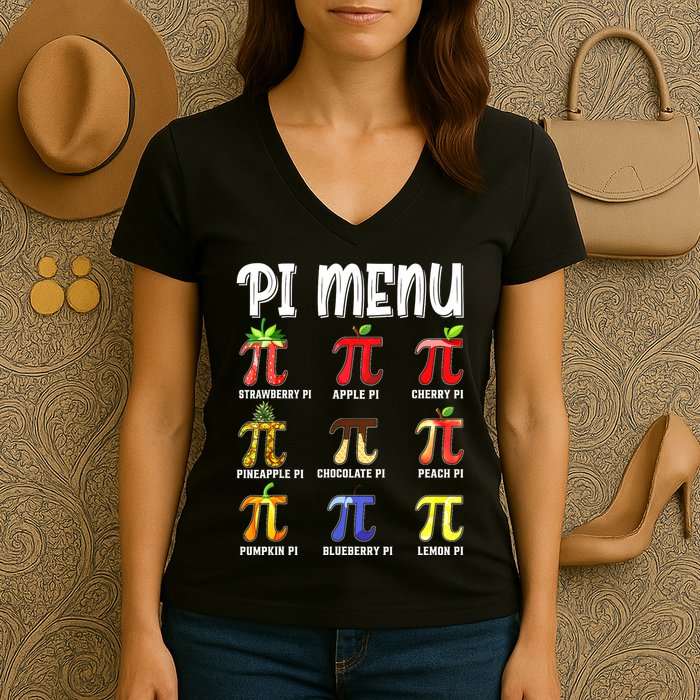 Pi Menu Funny Pi 3.14 Math Teacher Pie Menu Mathematics Women's V-Neck T-Shirt