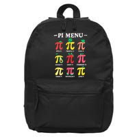 Pie Menu Funny Pi Day Pi 3.14 Math Teacher PI Symbol Pie Pun  16 in Basic Backpack