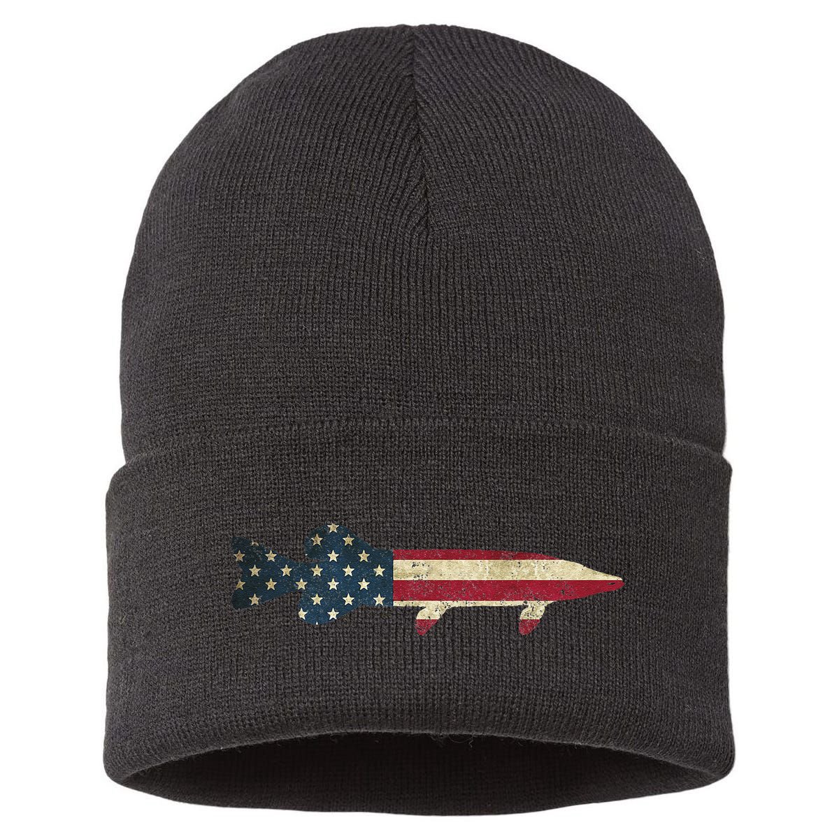 Pike Musky Fishing American Flag Vintage Patriotic Fisherman Sustainable Knit Beanie
