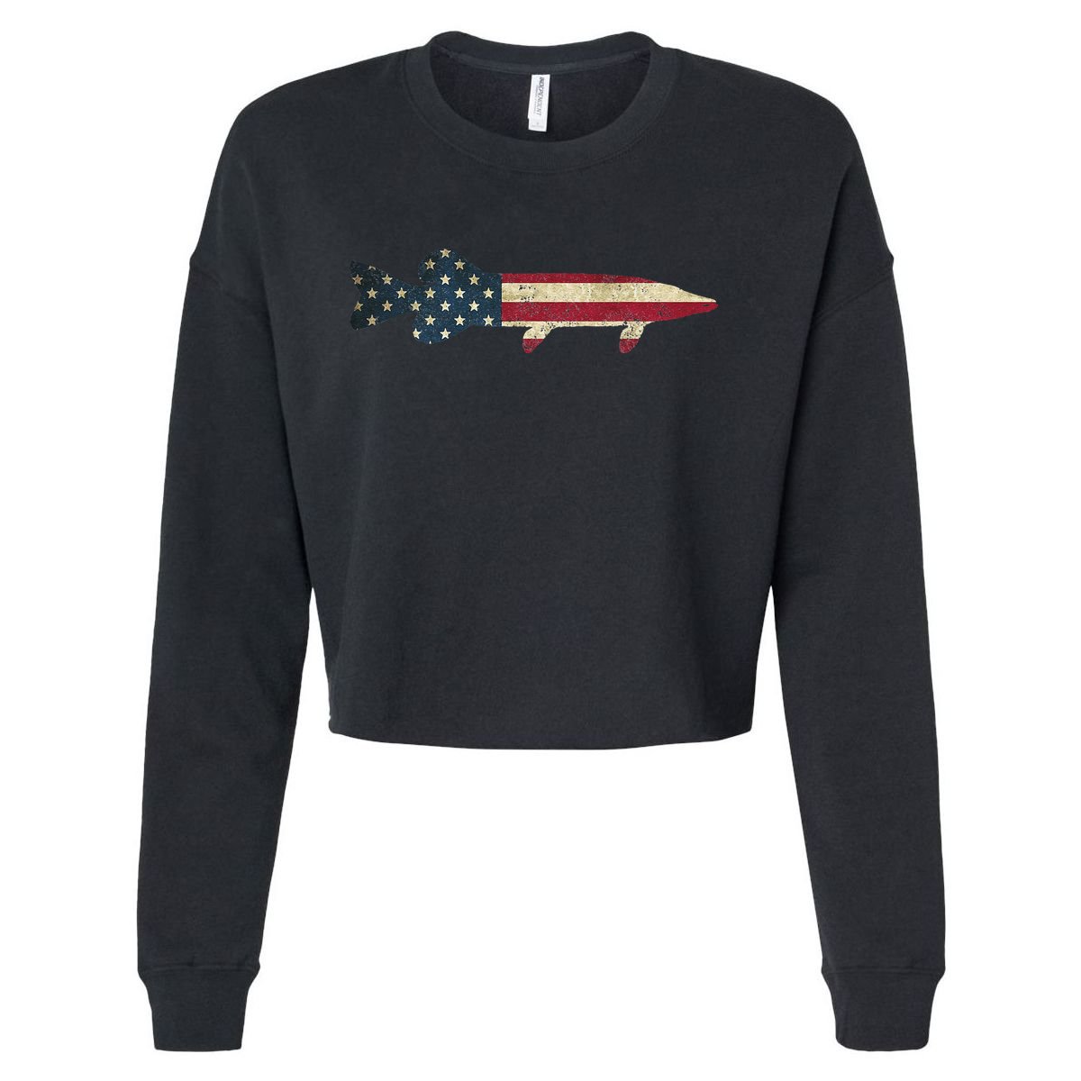 Pike Musky Fishing American Flag Vintage Patriotic Fisherman Cropped Pullover Crew