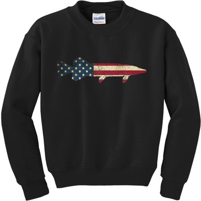 Pike Musky Fishing American Flag Vintage Patriotic Fisherman Kids Sweatshirt