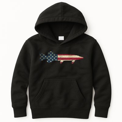 Pike Musky Fishing American Flag Vintage Patriotic Fisherman Kids Hoodie