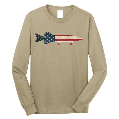Pike Musky Fishing American Flag Vintage Patriotic Fisherman Long Sleeve Shirt