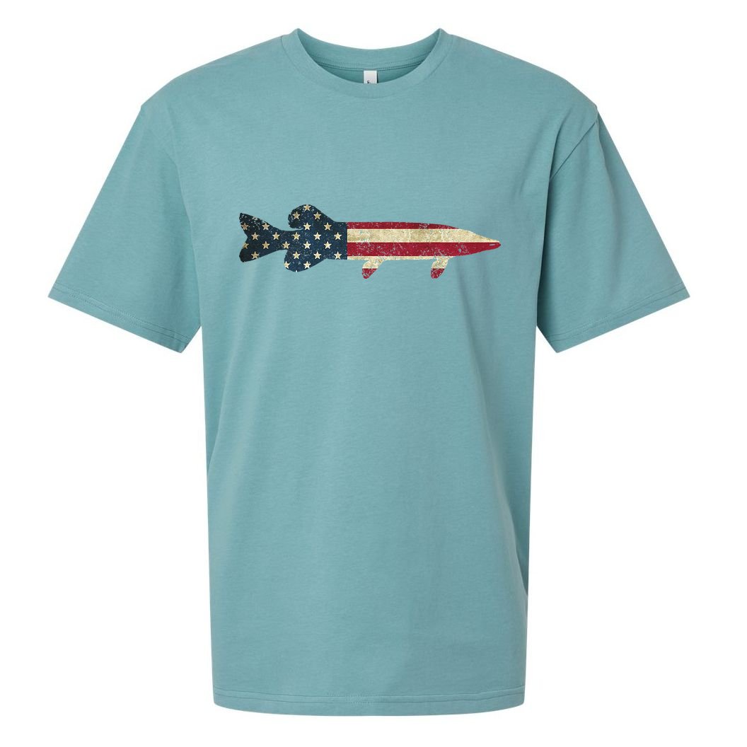 Pike Musky Fishing American Flag Vintage Patriotic Fisherman Sueded Cloud Jersey T-Shirt