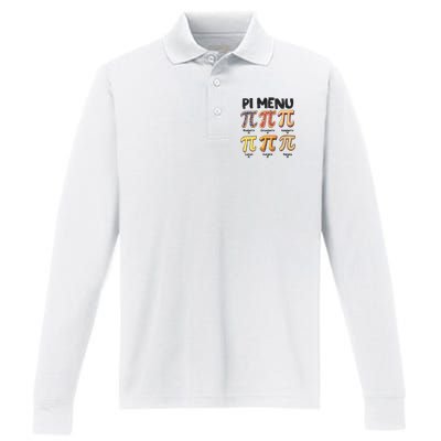 Pi Menu Funny Math Teacher Pi Day 3.14 Pie Performance Long Sleeve Polo