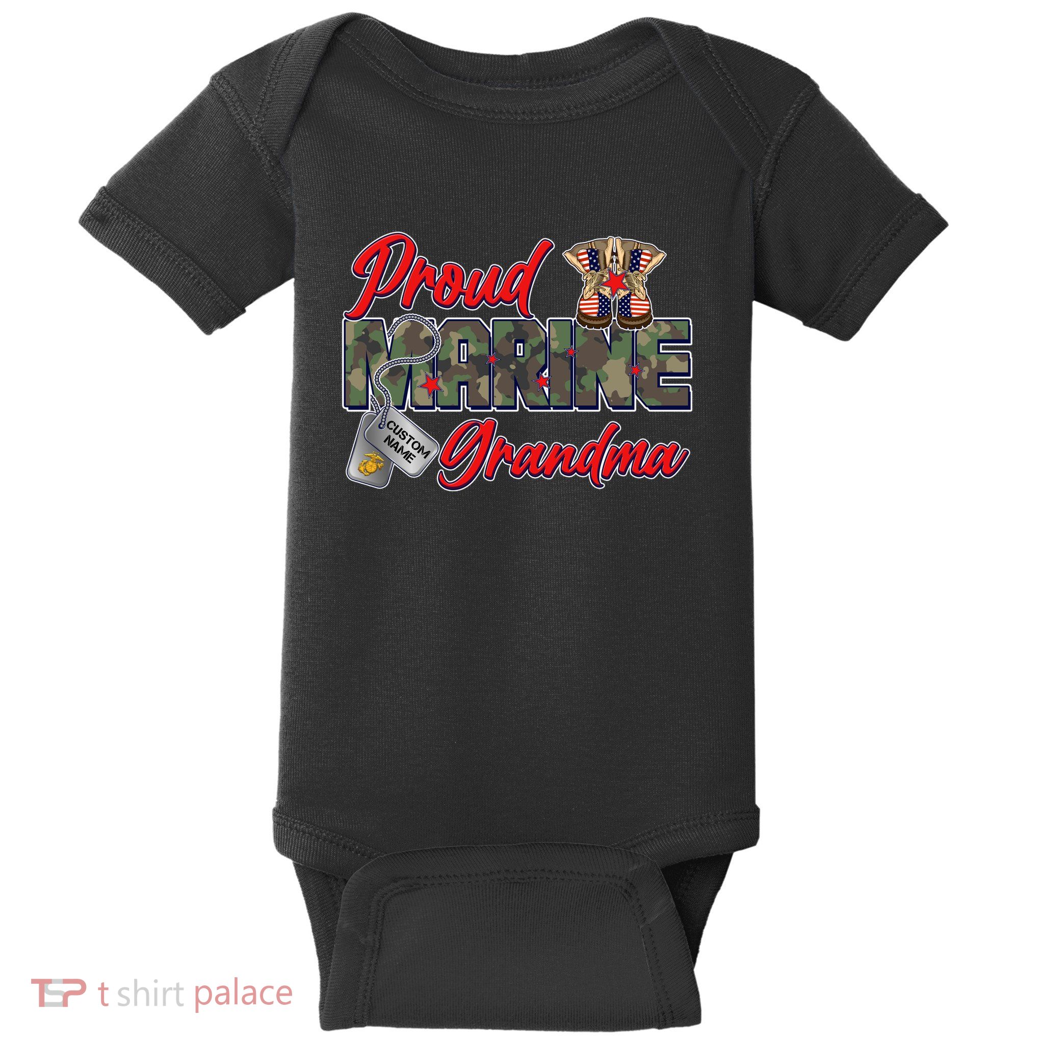 Proud Marine Grandma Personalize Dog Tags Baby Bodysuit