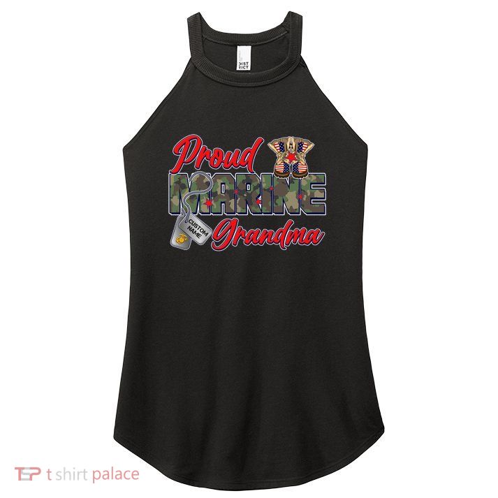 Proud Marine Grandma Personalize Dog Tags Women's Perfect Tri Rocker Tank