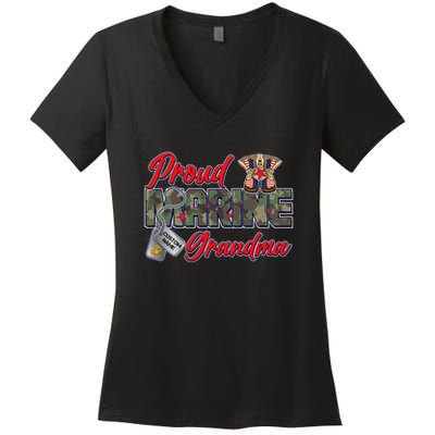 Proud Marine Grandma Personalize Dog Tags Women's V-Neck T-Shirt
