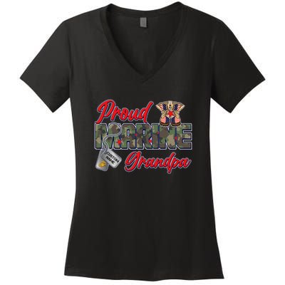 Proud Marine Grandpa Personalize Dog Tags Women's V-Neck T-Shirt