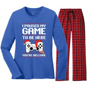 Paused My Game To Be Here Gift Ugly Christmas Video Gamer Gift Women's Long Sleeve Flannel Pajama Set 