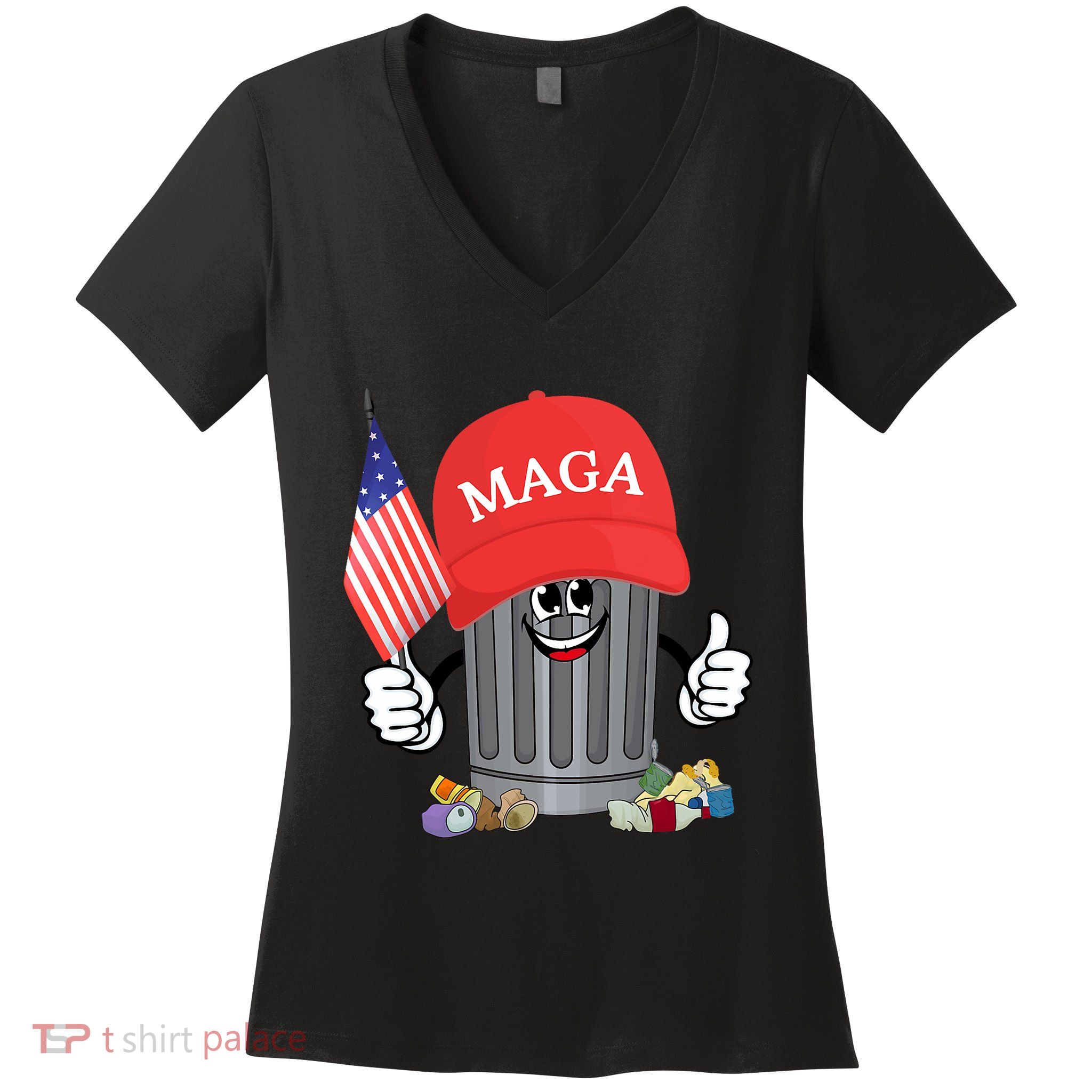 Proud Maga Garbage Trump Supporter Trash Can Cartoon Funny Women's V-Neck T-Shirt