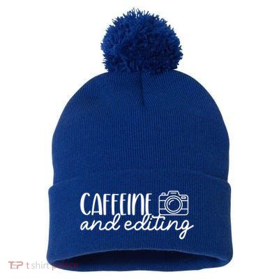 Photography Meaningful Gift Caffeine And Editing Photographer Cool Gift Pom Pom 12in Knit Beanie