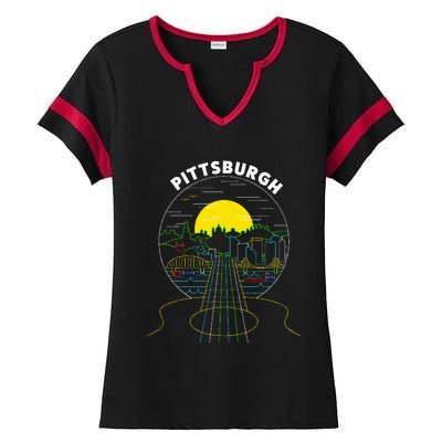 Pittsburgh Music Guitar 412 Pittsburgh Bridges Ladies Halftime Notch Neck Tee