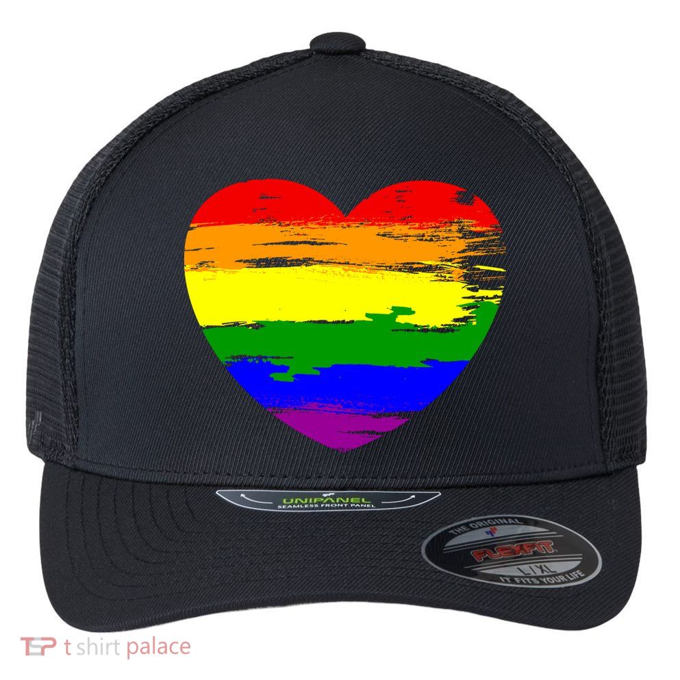 Pride Month Heart Distressed Flexfit Unipanel Trucker Cap