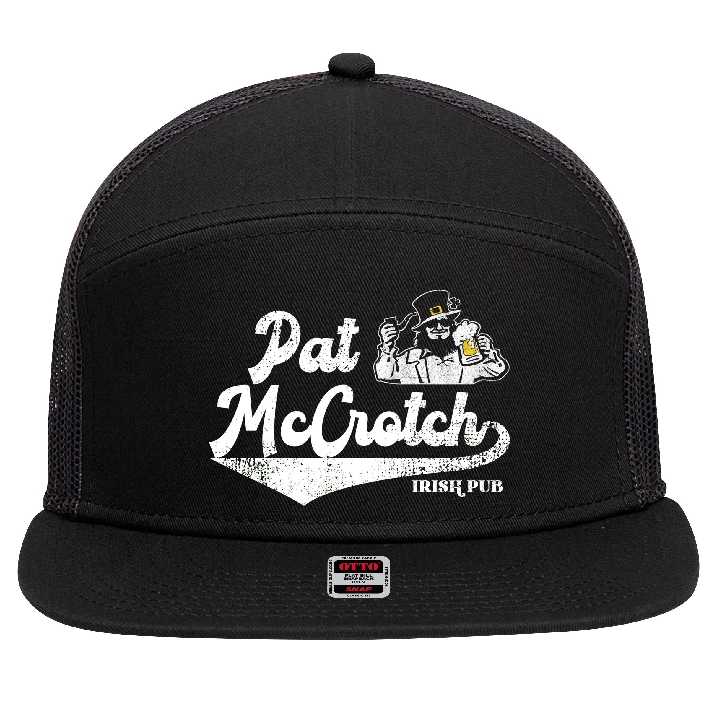 Pat McCrotch Irish Pub Leprechaun Funny St Patricks Day 7 Panel Mesh Trucker Snapback Hat