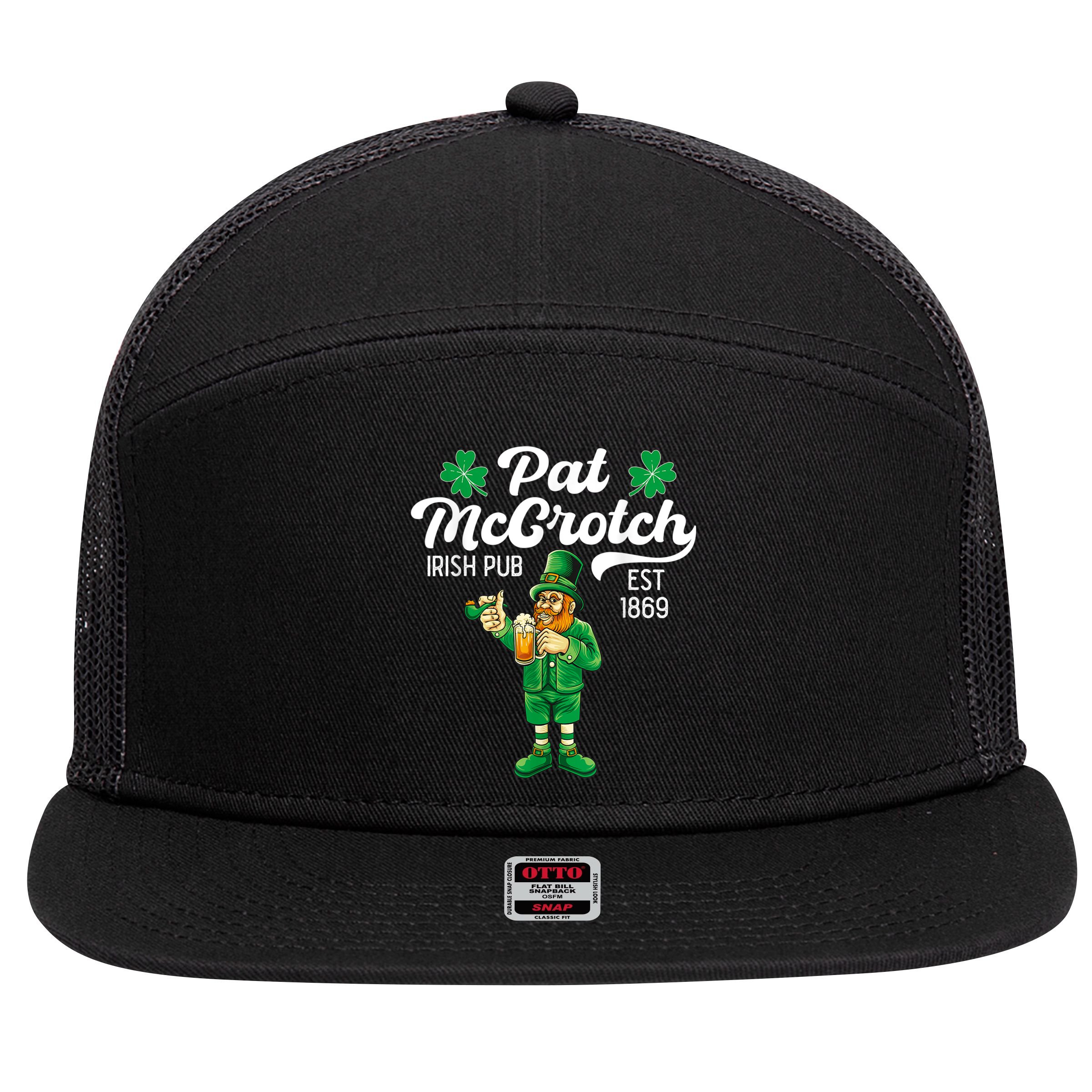 Pat Mccrotch Irish Pub Funny Leprechaun St Patricks Day 7 Panel Mesh Trucker Snapback Hat