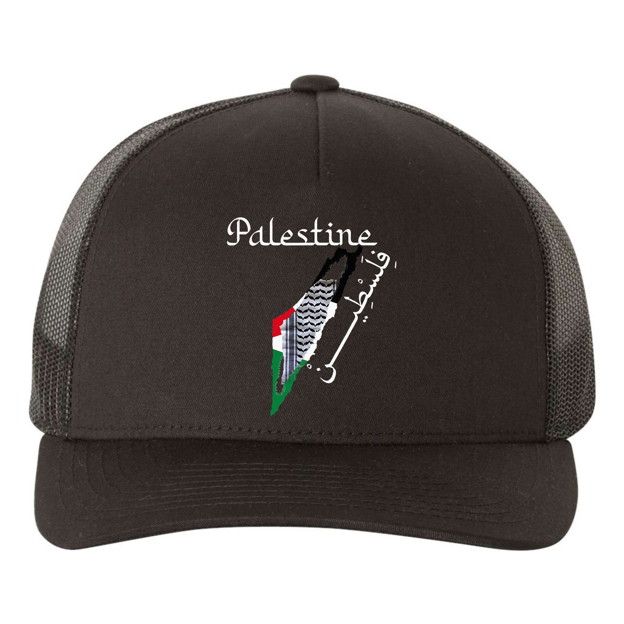 Palestine Map Keffiyeh Scarf Palestinian Flag in Arabic Yupoong Adult 5-Panel Trucker Hat