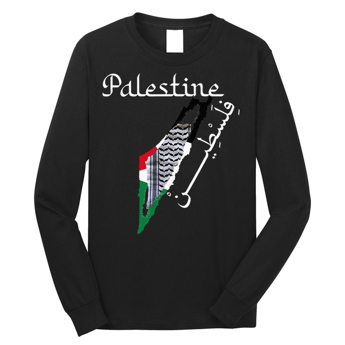Palestine Map Keffiyeh Scarf Palestinian Flag in Arabic Long Sleeve Shirt