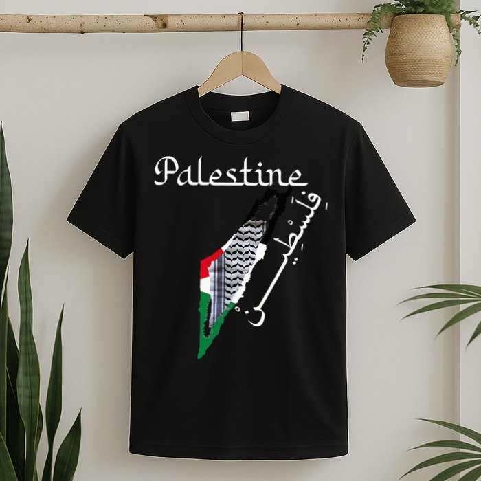 Palestine Map Keffiyeh Scarf Palestinian Flag in Arabic T-Shirt