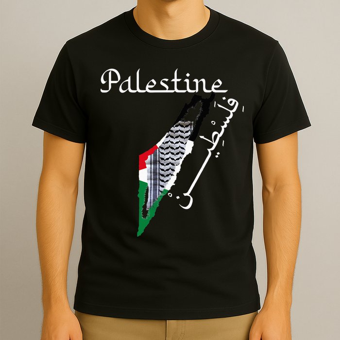 Palestine Map Keffiyeh Scarf Palestinian Flag in Arabic T-Shirt