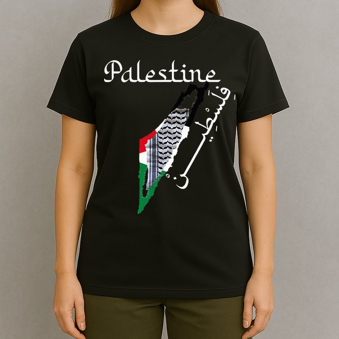 Palestine Map Keffiyeh Scarf Palestinian Flag in Arabic T-Shirt