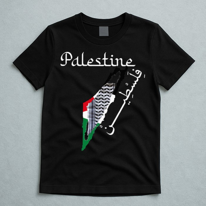Palestine Map Keffiyeh Scarf Palestinian Flag in Arabic T-Shirt