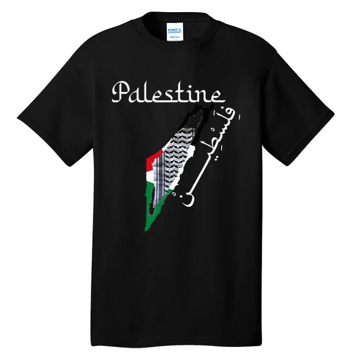 Palestine Map Keffiyeh Scarf Palestinian Flag in Arabic Tall T-Shirt