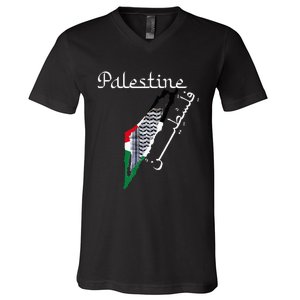 Palestine Map Keffiyeh Scarf Palestinian Flag in Arabic V-Neck T-Shirt