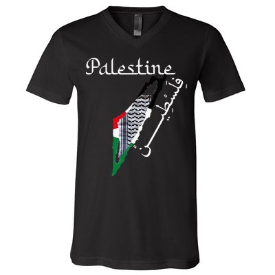 Palestine Map Keffiyeh Scarf Palestinian Flag in Arabic V-Neck T-Shirt