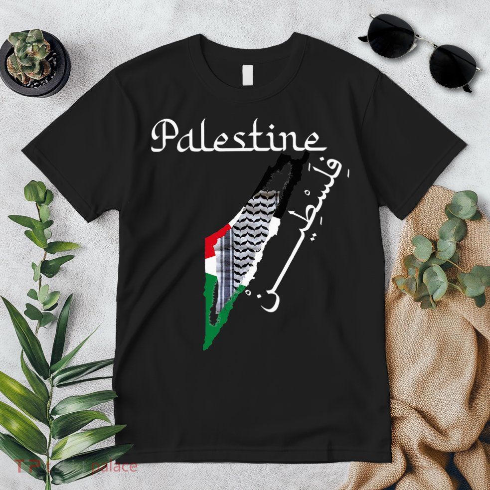Palestine Map Keffiyeh Scarf Palestinian Flag in Arabic Premium T-Shirt