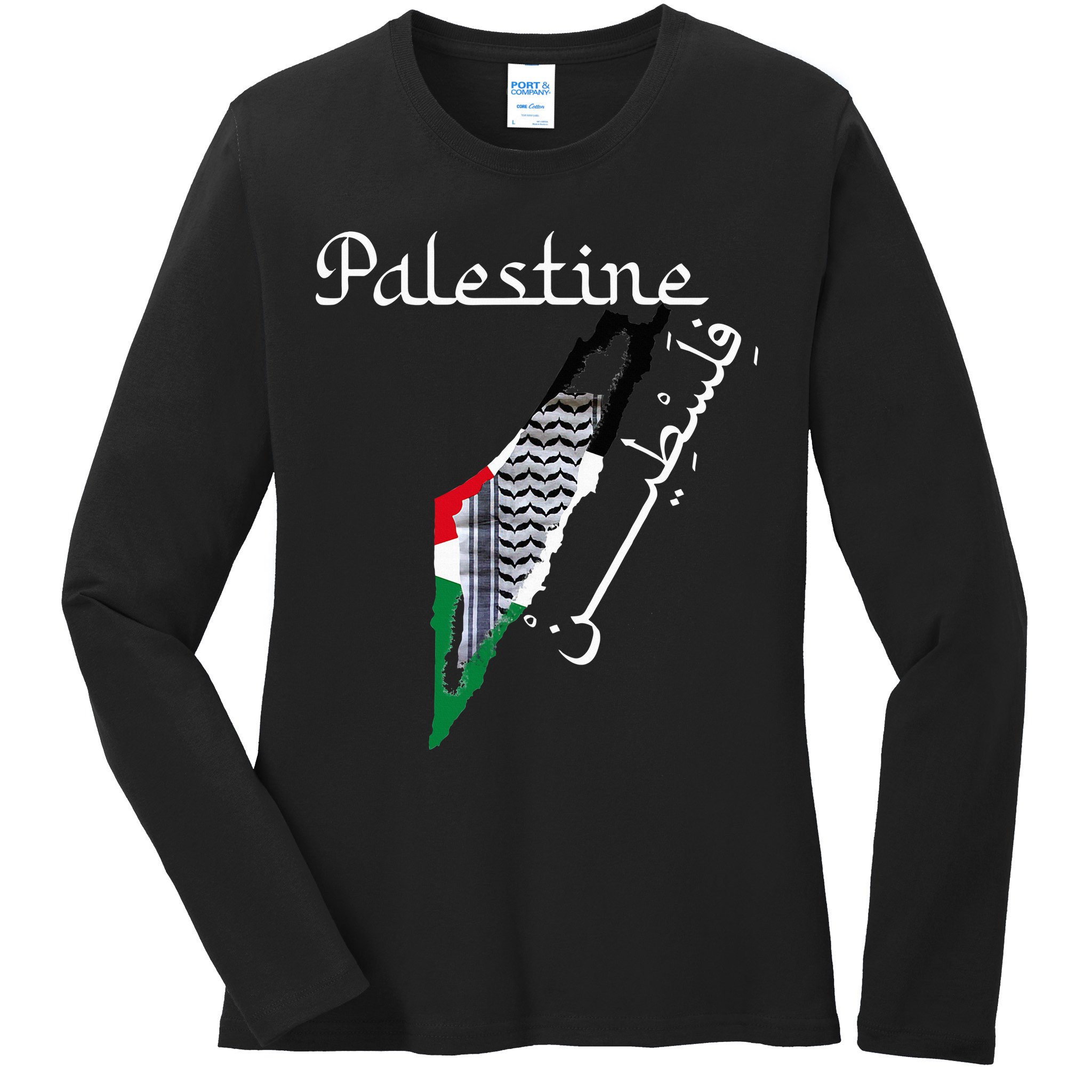 Palestine Map Keffiyeh Scarf Palestinian Flag in Arabic Ladies Long Sleeve Shirt