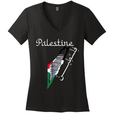 Palestine Map Keffiyeh Scarf Palestinian Flag in Arabic Women's V-Neck T-Shirt